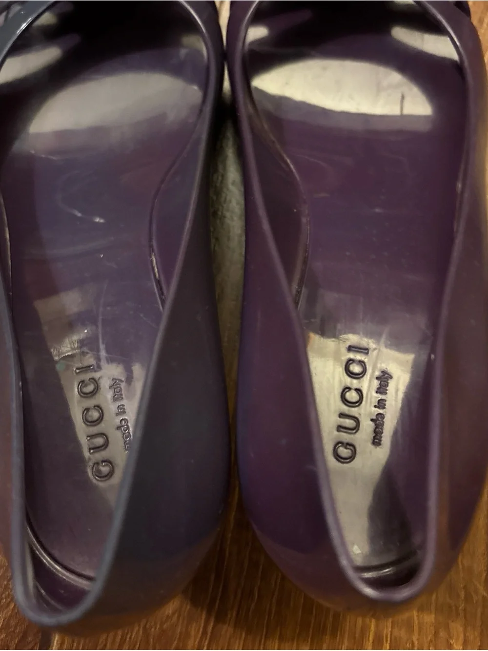 Gucci GG Logo Purple Rubber Slip On Wedge Shoes SZ 6